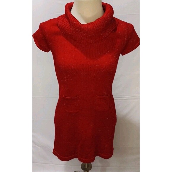 Faded Glory High Mock Neck Shirt Sleeve Sweater Dress Size L 10/12 Red Metallic - Picture 5 of 13